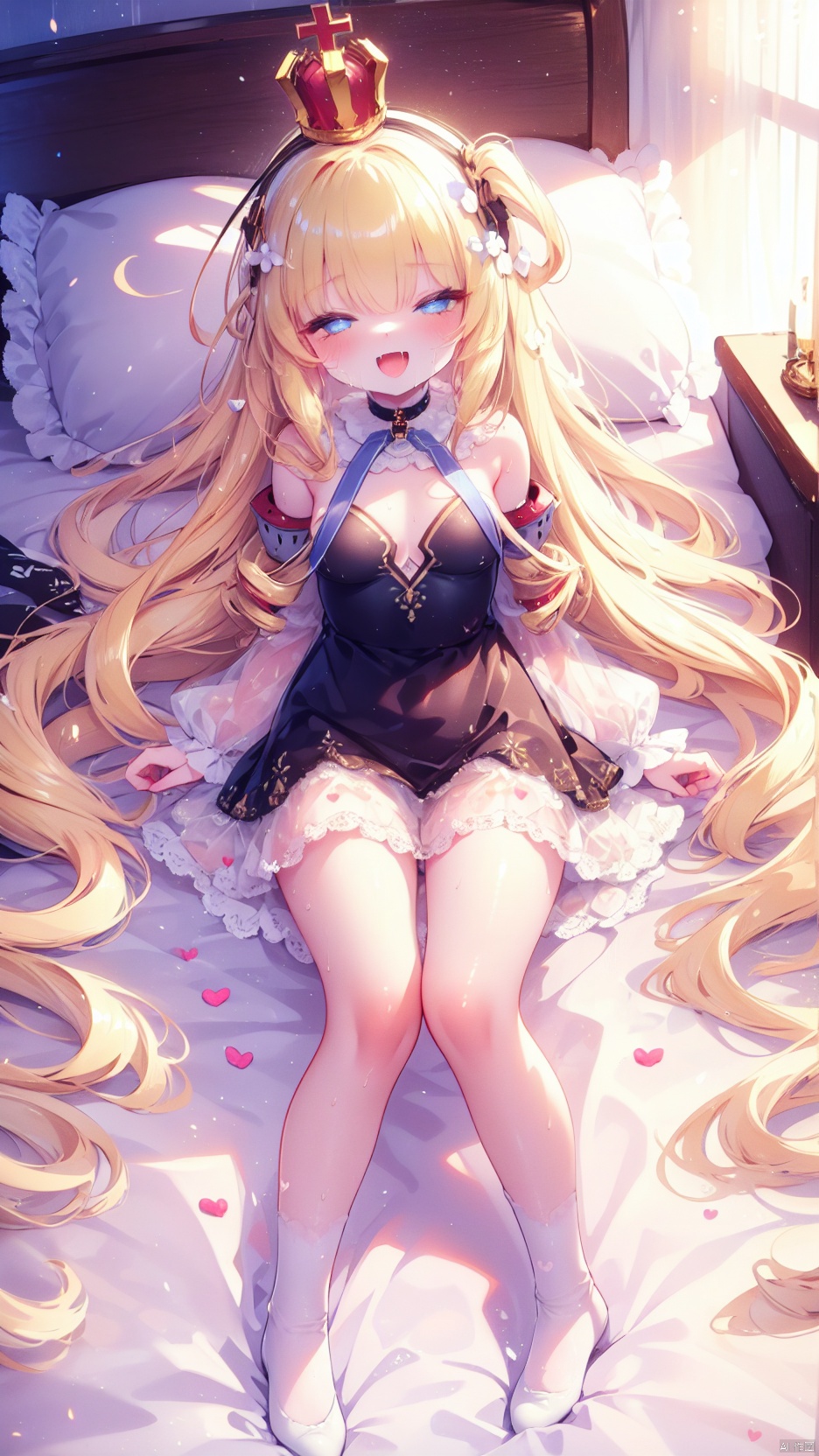  queen elizabeth (azur lane),Little girl(1.5),aged down,beautiful detailed girl,narrow waist,(very small breasts),Delicate cute face,choker,(nude),blue eyes,beautiful detailed eyes,Glowing eyes,((half-closed eyes,heart-shaped pupils)),((blonde hair)),((hair spread out)),very long shoulder,glowing hair,Extremely delicate hair,Thin leg,white legwear garter,black footwear,Slender fingers,steepled fingers,shiny nails,((lying on bed,separated legs,art shift,v arms)),ahegao(expression),smile,open mouth,tongue out,licking lips,drooling,fangs out,big fangs,puffy cheeks,beautiful detailed mouth,looking at viewer,semen in the mouth,semen on the hair,semen on the face,too many semen on the breasts,too many semen dripping from the body,blood on between legs,wet and messy,sweat,semen(ornament),bedroom,ornate bed,hyper realistic,magic,4k,incredible quality,best quality,masterpiece,highly detailed,extremely detailed CG,cinematic lighting,light particle,backlighting,full body,high definition,detail enhancement,(perfect hands, perfect anatomy),8k_wallpaper,extreme details,colorful, mirrornun, shuiwa, (\shen ming shao nv\)