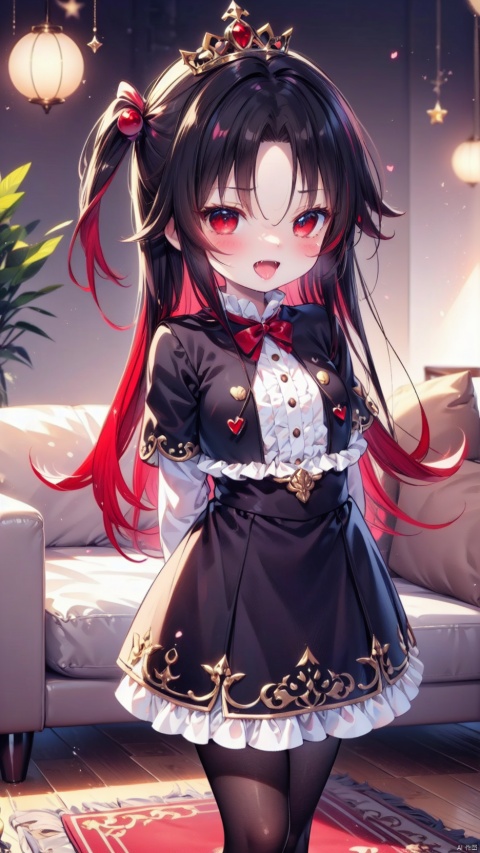  yashajin ai,1girl,petite child(1.5),aged down,chibi,extremely delicate and beautiful girls,narrow waist,Delicate cute face,blush sticker,blush,princess crown,princess dress,ornate clothes,red eyes,beautiful detailed eyes,Glowing eyes,((half-closed eyes,tsurime)),((Black red gradient hair)),((hair spread out)),very long hair,floating hair,Extremely delicate hair,Thin leg,black pantyhose,Fine fingers,steepled nail,(beautiful detailed hands),((arms behind back)),ahegao(expression),smile,open mouth,tongue out,licking lips,drooling,fangs out,big fangs,puffy cheeks,beautiful detailed mouth,looking at viewer,heart(ornament),living room,couch,hyper realistic,magic,4k,incredible quality,best quality,masterpiece,highly detailed,extremely detailed CG,cinematic lighting,light particle,backlighting,full body,high definition,detail enhancement,(perfect hands, perfect anatomy),8k_wallpaper,extreme details,colorful, cozy animation scenes