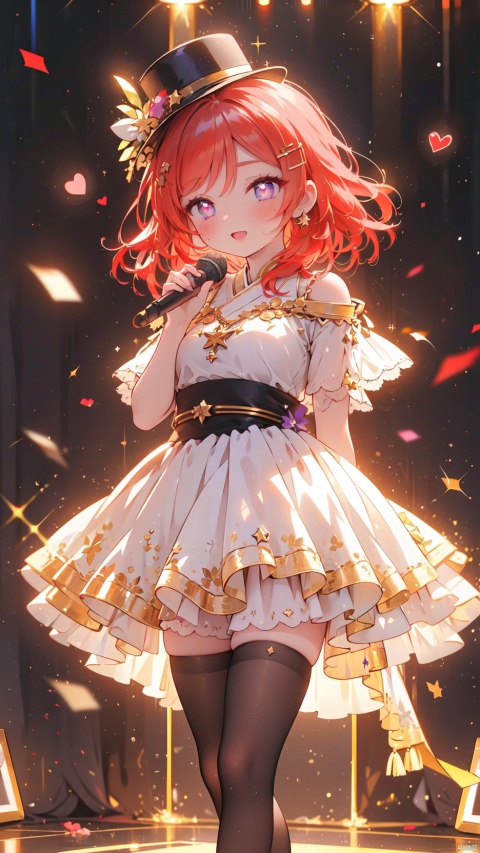 nishikino maki,love live!,1girl,petite child(1.5),aged down,chibi,extremely delicate and beautiful girls,narrow waist,Glowing skin,Red top hat,Delicate cute face,blush sticker,blush,(love live! school idol festival clothes),Red and white performance costumes,pleated skirt,ornate clothes,((purple eyes)),beautiful detailed eyes,Glowing eyes,((heart-shaped pupils)),((red hair)),((wavy hair,Star shaped hair clip)),hair over shoulder,Extremely delicate hair,Thin leg,black thighhighs,beautiful detailed fingers,steepled fingers,(beautiful detailed hands),standing,((holding microphone,singing)),mischievous smile(expression),looking down at viewer,:p,open mouth,puffy cheeks,Raising the corners of the mouth,beautiful detailed mouth,looking down at viewer,star(ornament),stage,stage lights,lasers,shiny rod,hyper realistic,magic,8k,incredible quality,best quality,masterpiece,highly detailed,extremely detailed CG,cinematic lighting,backlighting,full body,high definition,detail enhancement,(perfect hands, perfect anatomy),8k_wallpaper,extreme details,colorful,