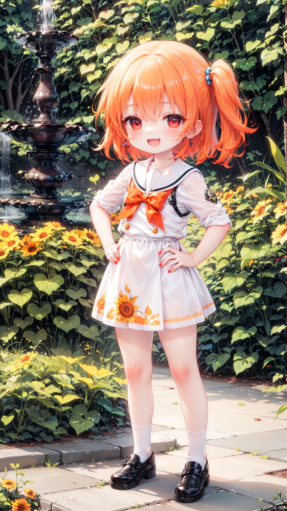 hoshino hinata,Little girl(1.4),aged down,beautiful detailed girl,narrow waist,small breasts,Glowing skin,Delicate cute face,sailor senshi uniform,fine fabric emphasis,ornate clothes,red eyes,beautiful detailed eyes,Glowing eyes,((half-closed eyes)),((orange hair)),((side ponytail,hair rings)),short hair,glowing hair,Extremely delicate hair,Thin leg,bobby socks,Slender fingers,steepled fingers,Shiny nails,mischievous smile(expression),hand on hip,thumbs up,:d,open mouth,fangs out,long fang,beautiful detailed mouth,sunflower print(ornament),garden,fountain,hyper realistic,magic,4k,incredible quality,best quality,masterpiece,highly detailed,extremely detailed CG,cinematic lighting,light particle,backlighting,full body,high definition,detail enhancement,(perfect hands, perfect anatomy),8k_wallpaper,extreme details,colorful