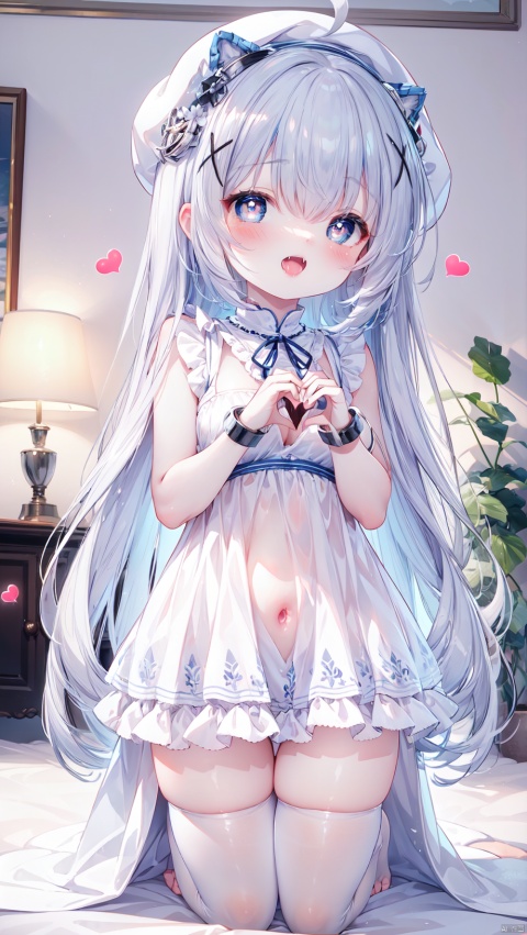 kafuu_chino,1girl,petite child(1.5),aged down,extremely delicate and beautiful girls,narrow waist,((very small breasts)),Glowing skin,Delicate cute face,blush sticker,blush,white beret,white shirt,blue ribbon,blue dress,fine fabric emphasis,ornate clothes,blue eyes,beautiful detailed eyes,Glowing eyes,((half-closed eyes,heart shaped pupils)),((Silver blue hair)),((hair spread out,x hair ornament)),very long hair,ahoge,Extremely delicate longhair,Thin leg,white thighhighs,Slender fingers,steepled fingers,beautiful detailed hands,((art shift,handheld the Silver handcuffs)),smug(expression),smile,open mouth,tongue out,fangs out,big fangs,puffy cheeks,beautiful detailed mouth,looking down at viewer,stuffed bunny(ornament),living room,hyper realistic,magic,4k,incredible quality,best quality,masterpiece,highly detailed,extremely detailed CG,cinematic lighting,backlighting,full body,high definition,detail enhancement,(perfect hands, perfect anatomy),8k_wallpaper,colorful