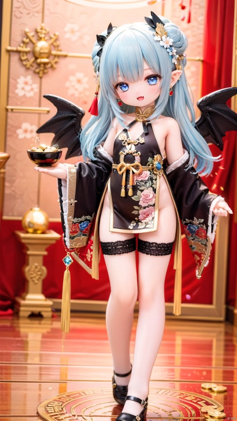  Blue Theme,Human Girls,little girl(1.3),aged down,beautiful detailed girl,narrow waist,small breasts,Glowing skin,glowing wings,transparent wings,sapphire Droplet shaped Earrings,Delicate cute face,Chinese dress,fine fabric emphasis,ornate clothes,blue Eyes,beautiful detailed eyes,Glowing eyes,((half-closed eyes)),((blue hair)),very long hair,long hair,glowing hair,Extremely delicate longhair,sapphire hair ornament,blue Heart Necklace,bare legs,Thin leg,white legwear garter,bare arms,Slender fingers,steepled fingers,Shiny nails,mischievous smile(expression),hand up,finger to eye,open mouth,tongue out,fangs out,long fang,beautiful detailed mouth,sapphire(ornament),garden, fountain,hyper realistic,magic,8k,incredible quality,best quality,masterpiece,highly detailed,extremely detailed CG,cinematic lighting, God of wealth, full body, lots of gold coins falling, gold coins shining, festive atmosphere, 3D modeling and rendering, high definition, detail enhancement,
