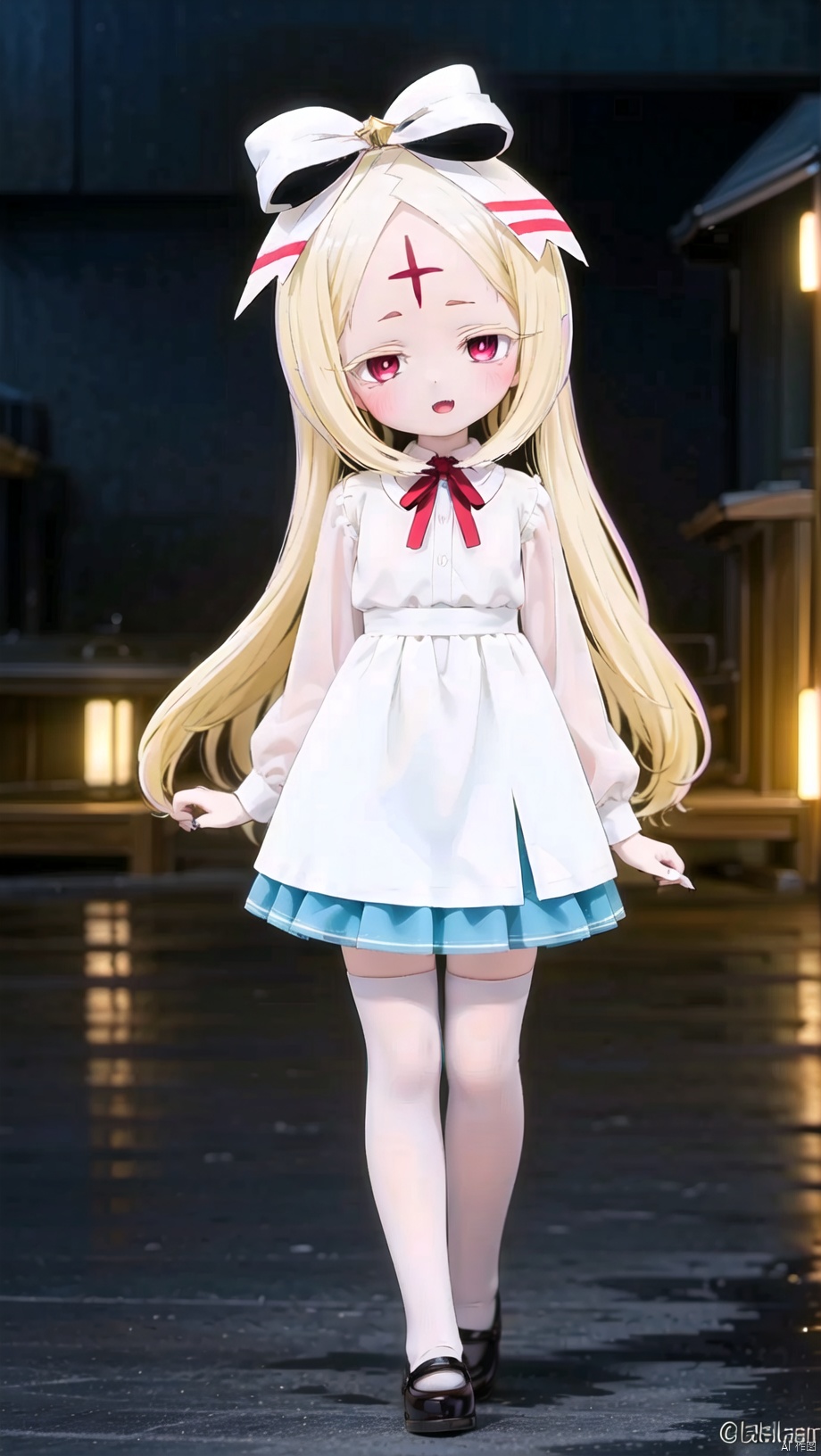 尼禄爱丽丝,loli,beautiful detailed girl,narrow waist,very small breasts,Glowing skin,Delicate cute face,((forehead mark)),hat,beret,ribbon,long sleeves,white shirt,blue dress,torn clothes,broken clothes,neck ribbon,red eyes,beautiful detailed eyes,glowing eyes,(half-closed eyes),((blonde hair)),((long hair,bow, ribbon)),parted bangs,Glowing hair,Extremely delicate hair,Thin leg,white legwear garter,beautiful detailed fingers,Slender fingers,steepled fingers,Shiny nails,(standing,Holding a bear doll),mischievous smile(expression),open mouth,tongue out,fangs out,beautiful detailed mouth,looking at viewer,bow(ornament),garden, fountain,hyper realistic,magic,8k,incredible quality,best quality,masterpiece,highly detailed,extremely detailed CG,cinematic lighting,full body,high defin,(perfect hands, perfect anatomy)