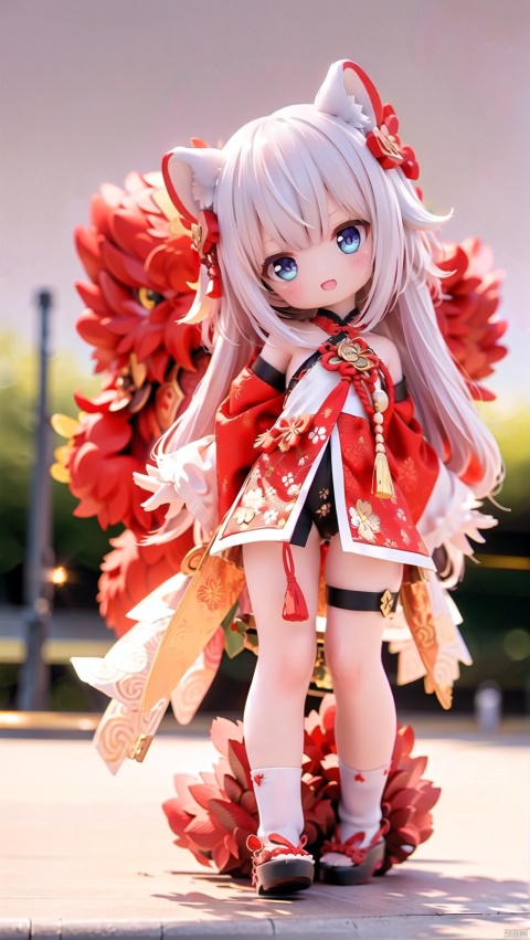 (Lion dance),(\shi shi ru yi\),KannaKamui,dragon girl,Little girl(1.6),chibi,beautiful detailed girl,narrow waist,very small breasts,Glowing skin,horns,Delicate cute face,dragon tail,chinese clothes,fine fabric emphasis,ornate clothes,blue eyes,beautiful detailed eyes,Glowing eyes,(half-closed eyes),((silver purple gradient hair)),((twintails,long hair )),glowing long hair,Extremely delicate hair,Thin leg,white legwear garter,beautiful Delicate hands,(standing),mischievous smile(expression),open mouth,tongue out,fangs out,beautiful detailed mouth,looking at viewer,chinese knot(ornament),festival, happy new year,chinese new year,firework background,hyper realistic,magic,8k,incredible quality,best quality,masterpiece,highly detailed,extremely detailed CG,cinematic lighting,backlighting,full body,high definition,detail enhancement,(perfect hands, perfect anatomy),detail enhancement