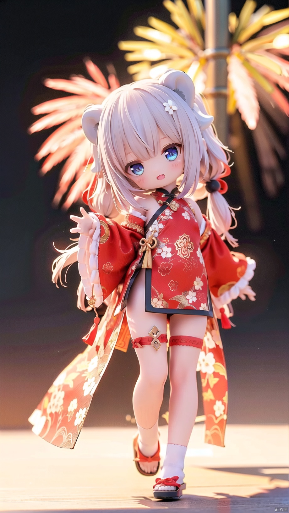 (Lion dance),(\shi shi ru yi\),KannaKamui,dragon girl,Little girl(1.6),chibi,beautiful detailed girl,narrow waist,very small breasts,Glowing skin,horns,Delicate cute face,dragon tail,chinese clothes,fine fabric emphasis,ornate clothes,blue eyes,beautiful detailed eyes,Glowing eyes,(half-closed eyes),((silver purple gradient hair)),((twintails,long hair )),glowing long hair,Extremely delicate hair,Thin leg,white legwear garter,beautiful Delicate hands,(standing),mischievous smile(expression),open mouth,tongue out,fangs out,beautiful detailed mouth,looking at viewer,chinese knot(ornament),festival, happy new year,chinese new year,firework background,fireworks,hyper realistic,magic,8k,incredible quality,best quality,masterpiece,highly detailed,extremely detailed CG,cinematic lighting,backlighting,full body,high definition,detail enhancement,(perfect hands, perfect anatomy),detail enhancement