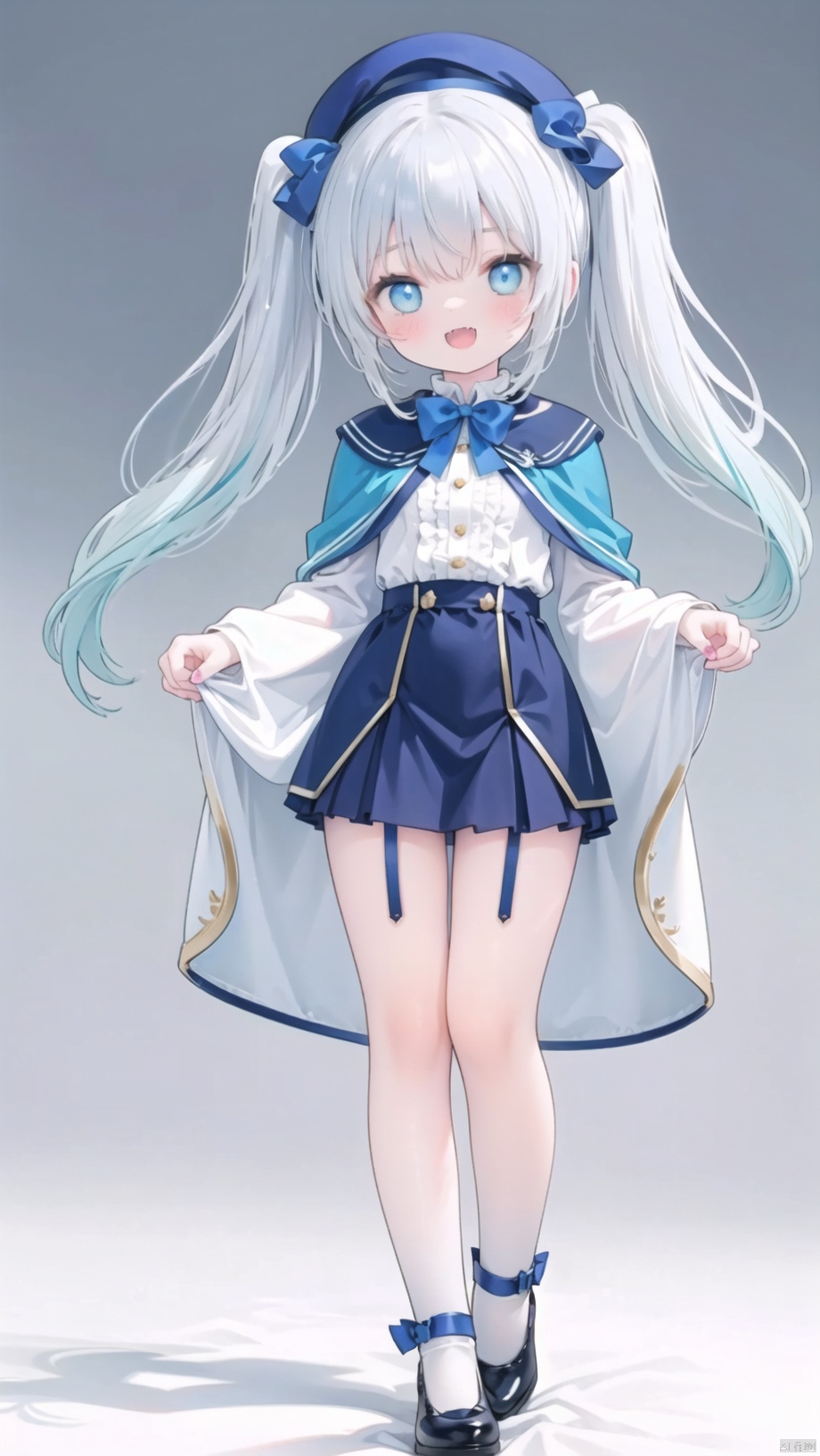  celia claire,loli,beautiful detailed girl,white capelet,beret,bow bowtie,fine fabric emphasis,ornate clothes,narrow waist,very small breasts,Glowing skin,Delicate cute face,blue eyes eyes,beautiful detailed eyes,glowing eyes,((Silver blue gradient hair)),((long hair,twintails)),hair bow,Glowing hair,Extremely delicate hair,Thin leg,white legwear garter,((beautiful detailed hands)),Slender fingers,pink nails,mischievous smile(expression),finger to eye,open mouth,tongue out,fangs out,beautiful detailed mouth,aquamarine(ornament),garden,pool,hyper realistic,magic,8k,incredible quality,best quality,masterpiece,highly detailed,extremely detailed CG,cinematic lighting,backlighting,full body,high definition,detail enhancement,(perfect hands, perfect anatomy),detail enhancement,
