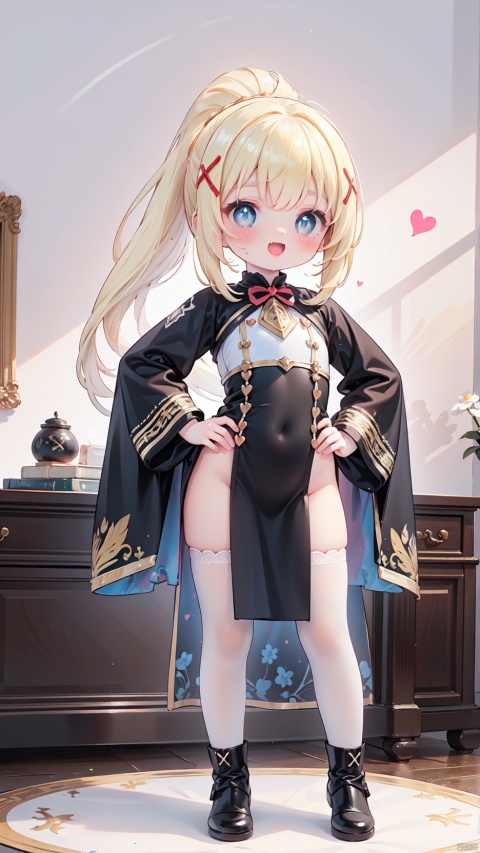 darkness (konosuba),paladin,petite child(1.5),aged down,chibi,extremely delicate and beautiful girls,narrow waist,Glowing skin,Delicate cute face,blush sticker,blush,knight armor,white and gold clothes,fine fabric emphasis,ornate clothes,((blue eyes)),beautiful detailed eyes,Glowing eyes,((heart-shaped pupils)),((blonde hair)),((ponytail,x hair ornament)),very long hair,Extremely delicate hair,Thin leg,black thighhighs,beautiful detailed fingers,steepled fingers,(beautiful detailed hands),((standing,hand on hips,art shift,hand on own face)),ahegao(expression),:d,open mouth,tongue out,fangs out,long fang,licking lips,drooling,fangs out,big fangs,puffy cheeks,beautiful detailed mouth,Looking down at viewer,heart(ornament),palace,shield decorated on the wall,hyper realistic,magic,8k,incredible quality,best quality,masterpiece,highly detailed,extremely detailed CG,cinematic lighting,backlighting,full body,high definition,detail enhancement,(perfect hands, perfect anatomy),8k_wallpaper,extreme details,colorful,