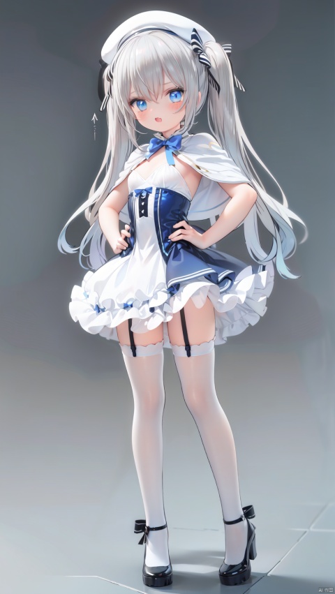 (4349,4349,4349:1),celia claire,loli,beautiful detailed girl,white capelet,beret,bow bowtie,ornate clothes,narrow waist,very small breasts,Glowing skin,Delicate cute face,blue eyes eyes,beautiful detailed eyes,glowing eyes,((Silver blue gradient hair)),((long hair,twintails)),hair bow,Glowing hair,Extremely delicate hair,Thin leg,white legwear garter,((beautiful detailed hands)),Slender fingers,smug(expression),standing,hands on hips,:3,open mouth,tongue out,fangs out,long fang,beautiful detailed mouth,aquamarine(ornament),colosseum,Marble Pillar,hyper realistic,magic,8k,incredible quality,best quality,masterpiece,highly detailed,extremely detailed CG,cinematic lighting,backlighting,full body,high definition,detail enhancement,(perfect hands, perfect anatomy),detail enhancement,