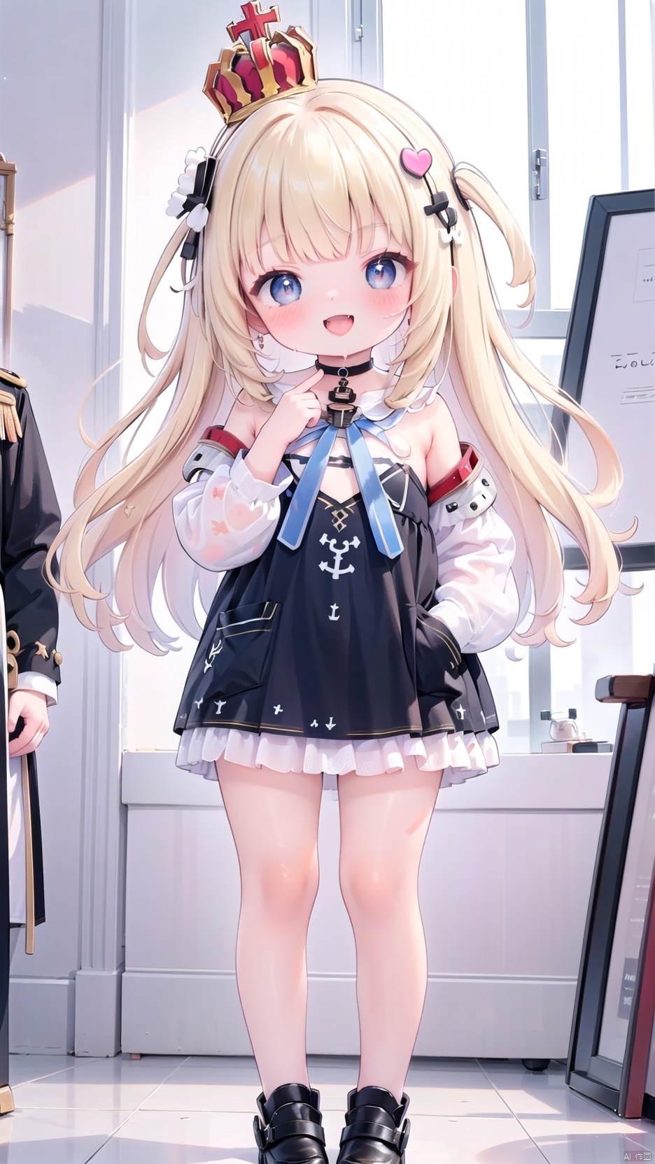  queen elizabeth (azur lane),Little girl(1.5),aged down,beautiful detailed girl,Glowing skin,Delicate cute face,small crown,anchor choker,(anchor print naval uniform),blue princess dressshoulders,ornate clothes,fine fabric emphasis,collarbone,torn dress,sabotaged clothes,torn clothes,broken clothes,torn shirt,blue eyes,beautiful detailed eyes,Glowing eyes,((heart-shaped pupils)),((blonde hair)),((hair spread out)),very long shoulder,glowing hair,Extremely delicate hair,Thin leg,white legwear garter,black footwear,Slender fingers,steepled fingers,shiny nails,((standing,hand in pocket)), jewelry evil grin(expression),Evil smile,open mouth,tongue out,licking lips,drooling,heavy breathing,fangs out,big fangs,puffy cheeks,beautiful detailed mouth,anchor (ornament),warship,harbor,royal navy (emblem),royal navy flag,hyper realistic,magic,4k,incredible quality,best quality,masterpiece,highly detailed,extremely detailed CG,cinematic lighting,light particle,backlighting,full body,high definition,detail enhancement,(perfect hands, perfect anatomy),8k_wallpaper,extreme details,colorful