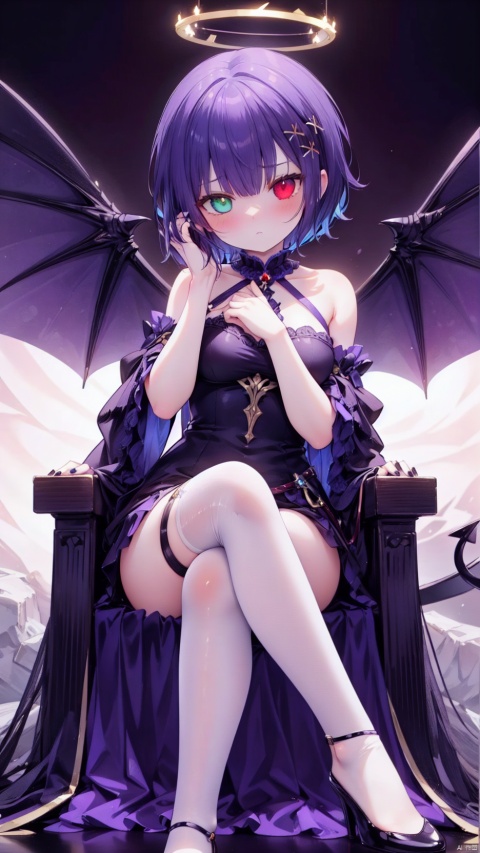  from below,vignette tsukinose april,demon girl,1girl,solo,beautiful detailed girl,Black Halo on head,demon wings,demon tail,demon costume,fine fabric emphasis,ornate clothes,Glowing clothes,narrow waist,very small breasts,Glowing skin,Delicate cute face,blush,nose blush,(heterochromia blue red),beautiful detailed eyes,((Purple blue hair)),((short hair,x hair ornament)),Glowing hair,Extremely delicate hair,Thin leg,white thighhighs,((beautiful detailed hands)),Slender fingers,black nails,(sitting on throne,hand in own hair,crossed legs),ornate throne,head tilt,looking down at viewer,serious(expression),:t,tsurime,beautiful detailed mouth,Glowing feather(ornament),church,Marble Pillar,hyper realistic,magic,8k,incredible quality,best quality,masterpiece,highly detailed,extremely detailed CG,cinematic lighting,backlighting,full body,high definition,detail enhancement,(perfect hands, perfect anatomy),detail enhancement,
