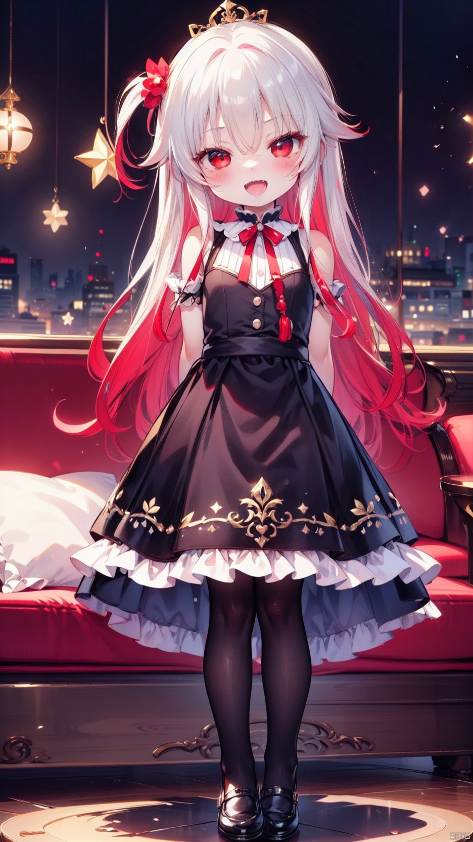  yashajin ai,1girl,petite child(1.5),aged down,chibi,extremely delicate and beautiful girls,narrow waist,Delicate cute face,blush sticker,blush,princess crown,princess dress,ornate clothes,red eyes,beautiful detailed eyes,Glowing eyes,((half-closed eyes,tsurime)),((Black red gradient hair)),((hair spread out)),very long hair,floating hair,Extremely delicate hair,Thin leg,black pantyhose,Fine fingers,steepled nail,(beautiful detailed hands),((arms behind back)),ahegao(expression),smile,open mouth,tongue out,licking lips,drooling,fangs out,big fangs,puffy cheeks,beautiful detailed mouth,looking at viewer,heart(ornament),living room,couch,hyper realistic,magic,4k,incredible quality,best quality,masterpiece,highly detailed,extremely detailed CG,cinematic lighting,light particle,backlighting,full body,high definition,detail enhancement,(perfect hands, perfect anatomy),8k_wallpaper,extreme details,colorful, cozy animation scenes