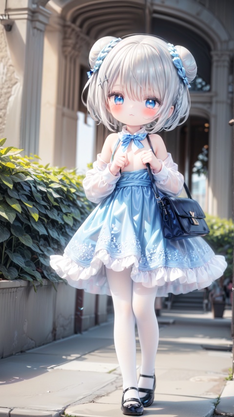  kafuu_chino,1girl,petite child(1.5),aged down,extremely delicate and beautiful girls,narrow waist,((very small breasts)),Glowing skin,Delicate cute face,blush sticker,blush,enmaided,puffy long sleeves,blue dress,white shirt,blue bow,rabbit shoulder bag,fine fabric emphasis,ornate clothes,blue eyes,beautiful detailed eyes,Glowing eyes,(half-closed eyes),((tsurime)),((Silver blue hair)),((braided bun,x hair ornament)),very long hair,Glowing hair,Extremely delicate hair,Thin leg,white pantyhose,Slender fingers,steepled fingers,beautiful detailed hands,mischievous smile(expression),standing,looking down at viewer,:3,puffy cheeks,beautiful detailed mouth,stuffed bunny(ornament),garden,fountain,hyper realistic,magic,8k,incredible quality,best quality,masterpiece,highly detailed,extremely detailed CG,cinematic lighting,backlighting,full body,high definition,detail enhancement,(perfect hands, perfect anatomy),8k_wallpaper,colorful, loli