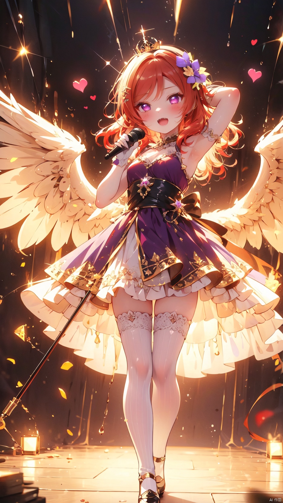 nishikino maki,love live!,1girl,petite child(1.5),aged down,chibi,extremely delicate and beautiful girls,narrow waist,Glowing skin,princess crown,Delicate cute face,blush sticker,blush,gothic lolita dress,glowing wings,transparent wings,ornate clothes,fine fabric emphasis,((purple eyes)),beautiful detailed eyes,Glowing eyes,((heart-shaped pupils,tsurime),((red hair)),((wavy hair,Star shaped hair clip)),hair over shoulder,Extremely delicate hair,Thin leg,red ande 
 white striped_legwear,beautiful detailed fingers,lace gloves,(beautiful detailed hands),standing,((hand on hip,arm up,holding microphone,singing)),mischievous smile(expression),looking down at viewer,open mouth,drooling,fangs out,big fangs,puffy cheeks,Raising the corners of the mouth,beautiful detailed mouth,looking down at viewer,star(ornament),stage,stage lights,lasers,shiny rod,hyper realistic,magic,8k,incredible quality,best quality,masterpiece,highly detailed,extremely detailed CG,cinematic lighting,backlighting,full body,high definition,detail enhancement,(perfect hands, perfect anatomy),8k_wallpaper,extreme details,colorful,