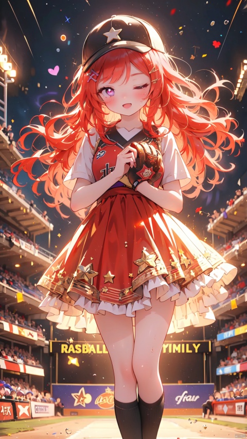 nishikino maki,love live!,1girl,petite child(1.5),aged down,chibi,extremely delicate and beautiful girls,narrow waist,Glowing skin,Delicate cute face,blush sticker,blush,red baseball cap,red baseball uniform,red short dress,ornate clothes,fine fabric emphasis,((purple eyes)),beautiful detailed eyes,Glowing eyes,((heart-shaped pupils,one eye closed,tsurime)),((red hair)),((wavy hair,Star shaped hair clip)),hair over shoulder,Extremely delicate hair,Thin leg,short socks,beautiful detailed fingers,baseball mitt,(beautiful detailed hands),((Holding a baseball,Throwing Baseball)),mischievous smile(expression),looking down at viewer,open mouth,Raising the corners of the mouth,beautiful detailed mouth,looking at viewer,star(ornament),stage,stage lights,lasers,shiny rod,hyper realistic,magic,8k,incredible quality,best quality,masterpiece,highly detailed,extremely detailed CG,cinematic lighting,backlighting,full body,high definition,detail enhancement,(perfect hands, perfect anatomy),8k_wallpaper,extreme details,colorful,