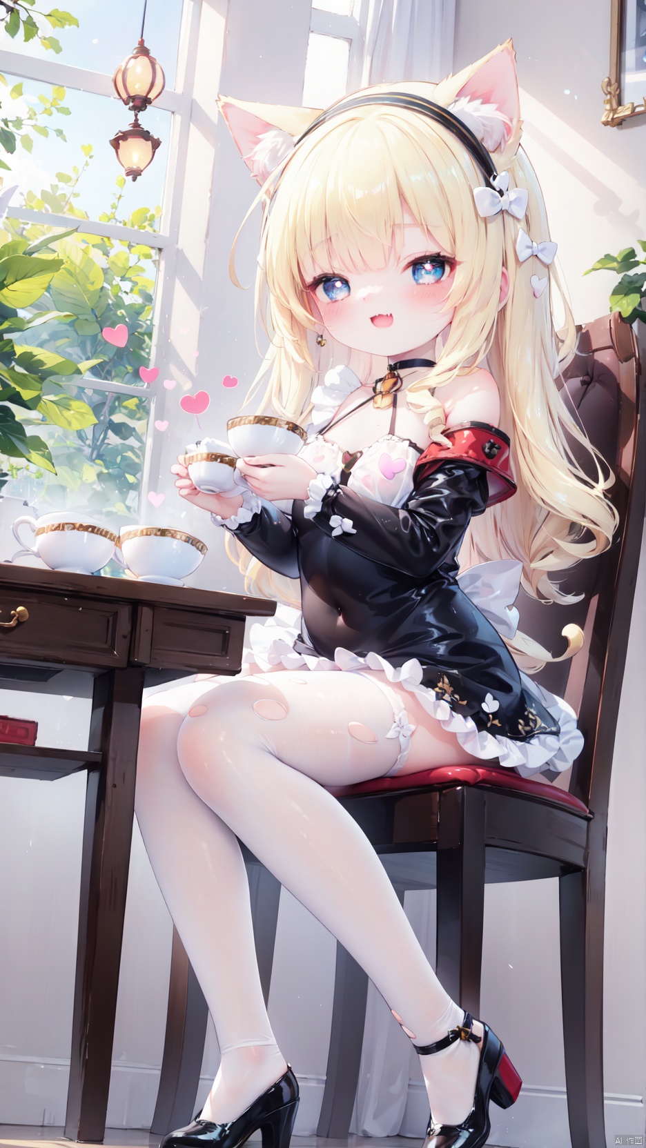 from below,queen elizabeth (azur lane),Little girl(1.5),aged down,beautiful detailed girl,narrow waist,(very small breasts),Delicate cute face,choker,maid,maid apron,frilled apron,maid headdress,blue dress,official alternate costume,fine fabric emphasis,ornate clothes,off shoulder,open clothes,torn dress,sabotaged clothes,torn clothes,broken clothes,torn shirt,blue eyes,beautiful detailed eyes,Glowing eyes,((half-closed eyes,heart-shaped pupils)),((blonde hair)),((hair spread out,cat ear hairband)),very long shoulder,glowing hair,Extremely delicate hair,Thin leg,white legwear garter,black footwear,Slender fingers,steepled fingers,shiny nails,(sitting on chair,holding cup,teacup,book on knees,open book),ahegao(expression),smile,:3,drooling,fangs out,big fangs,puffy cheeks,beautiful detailed mouth,looking down at viewer,fire(ornament),window,table,hyper realistic,magic,8k,incredible quality,best quality,masterpiece,highly detailed,extremely detailed CG,cinematic lighting,backlighting,full body,high definition,detail enhancement,(perfect hands, perfect anatomy),8k_wallpaper,extreme details,colorful