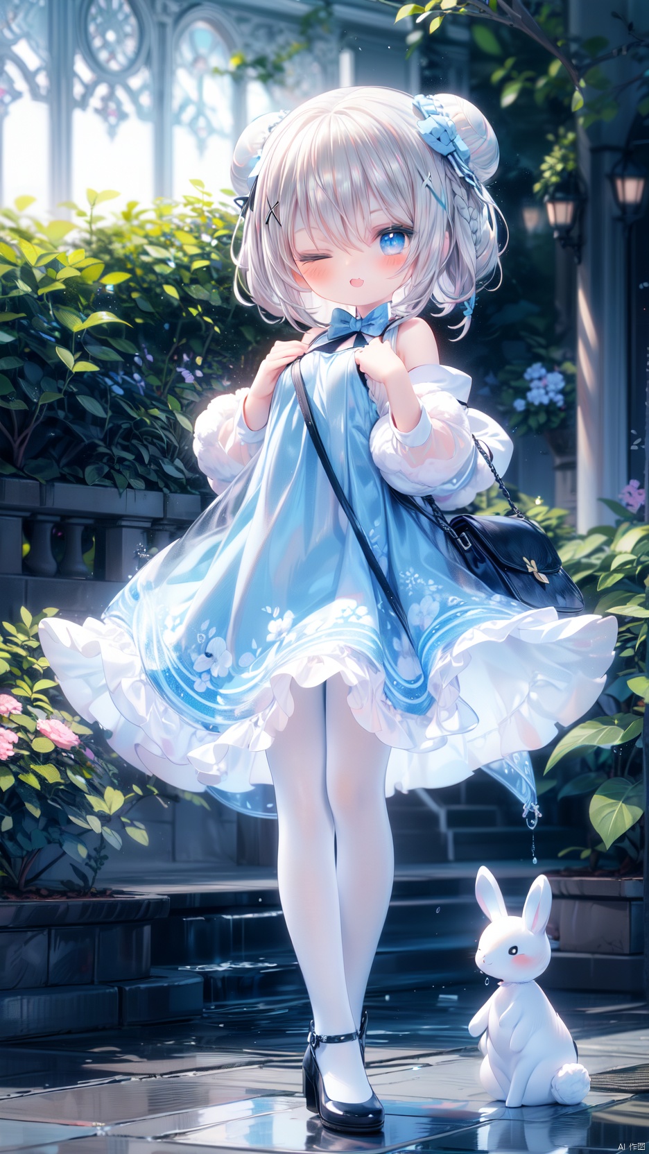 kafuu_chino,1girl,petite child(1.5),aged down,extremely delicate and beautiful girls,narrow waist,((very small breasts)),Glowing skin,Delicate cute face,blush sticker,blush,enmaided,puffy long sleeves,blue dress,white shirt,blue bow,rabbit shoulder bag,fine fabric emphasis,ornate clothes,blue eyes,beautiful detailed eyes,Glowing eyes,(one eye closed),((tsurime)),((Silver blue hair)),((braided bun,x hair ornament)),very long hair,Glowing hair,Extremely delicate hair,Thin leg,white pantyhose,Slender fingers,steepled fingers,beautiful detailed hands,mischievous smile(expression),standing,hands next face,looking down at viewer,:3,puffy cheeks,open mouth,tongue out,fangs out,beautiful detailed mouth,stuffed bunny(ornament),garden,fountain,hyper realistic,magic,8k,incredible quality,best quality,masterpiece,highly detailed,extremely detailed CG,cinematic lighting,backlighting,full body,high definition,detail enhancement,(perfect hands, perfect anatomy),8k_wallpaper,colorful
