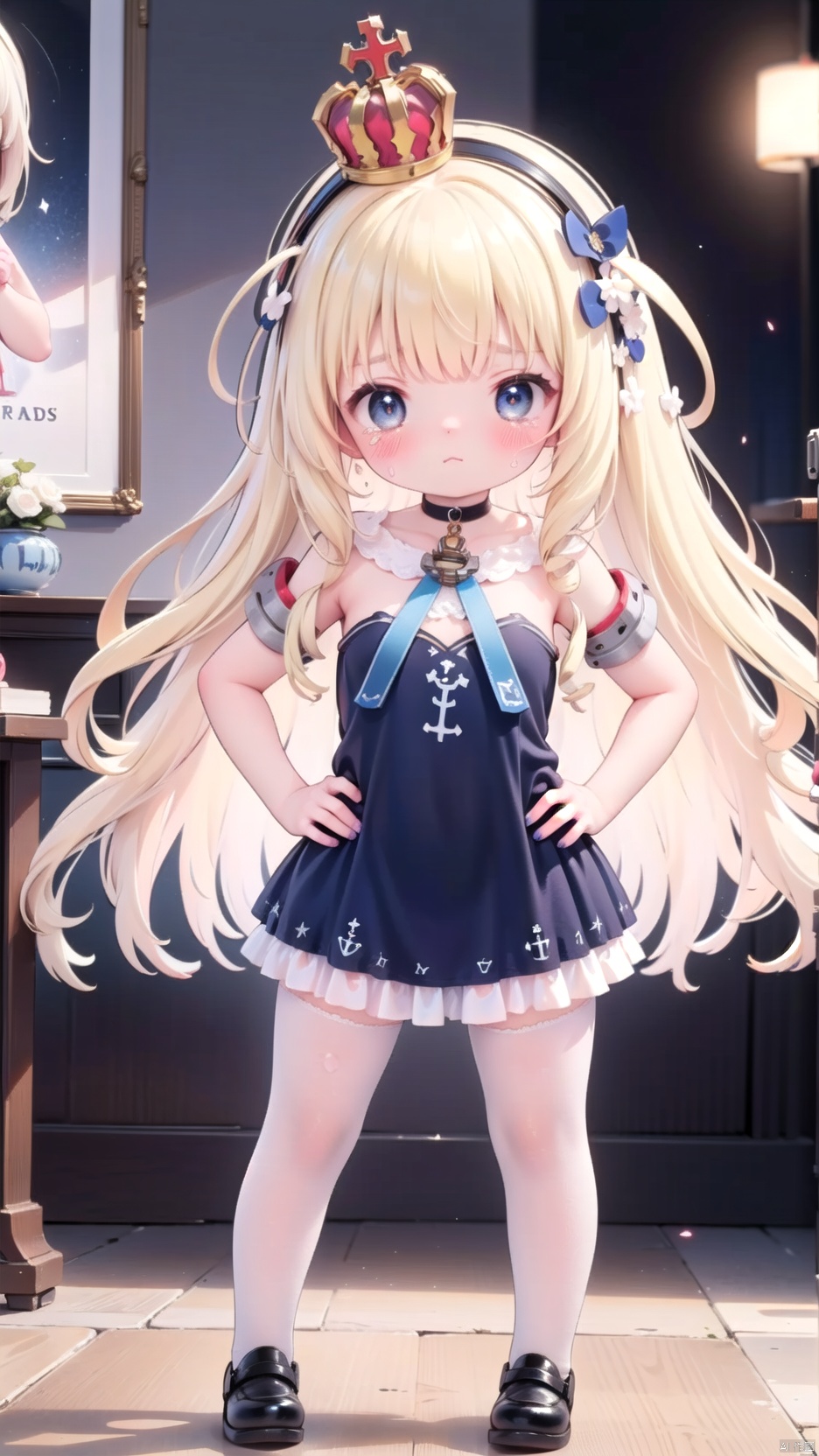 queen elizabeth (azur lane),Little girl(1.5),aged down,beautiful detailed girl,narrow waist,Delicate cute face,anchor choker,(anchor print naval uniform),blue princess dressshoulders,ornate clothes,fine fabric emphasis,torn dress,broken skirt,torn clothes,broken clothes,blue eyes,beautiful detailed eyes,Glowing eyes,((Frowning,half-closed eyes)),((blonde hair)),((hair spread out,wavy hair)),very long shoulder,glowing hair,Extremely delicate hair,Thin leg,white legwear garter,black footwear,Slender fingers,steepled fingers,shiny nails,((hands on hips)),tearful(expression),teardrop on the face,Tears on the chin,Pouting,puffy cheeks,beautiful detailed mouth,anchor (ornament),warship,harbor,royal navy (emblem),royal navy flag,hyper realistic,magic,4k,incredible quality,best quality,masterpiece,highly detailed,extremely detailed CG,cinematic lighting,light particle,backlighting,full body,high definition,detail enhancement,(perfect hands, perfect anatomy),8k_wallpaper,extreme details,colorful