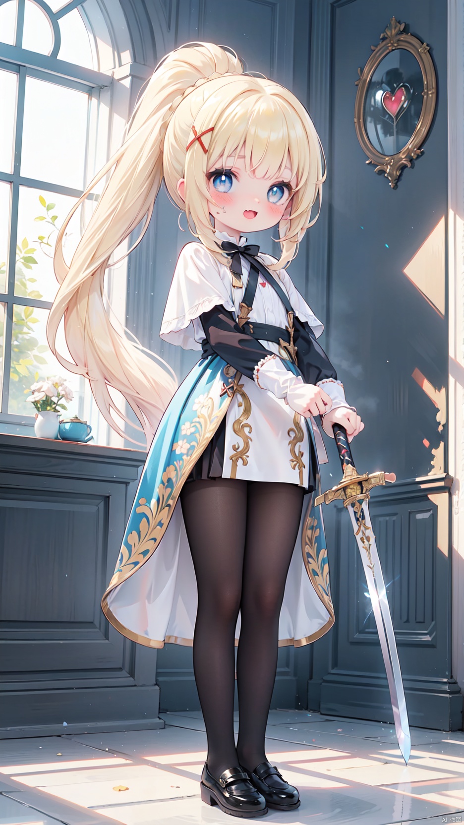  darkness (konosuba),paladin,petite child(1.5),aged down,chibi,extremely delicate and beautiful girls,narrow waist,Glowing skin,Delicate cute face,blush sticker,blush,knight armor,white and gold clothes,fine fabric emphasis,ornate clothes,((blue eyes)),beautiful detailed eyes,Glowing eyes,((heart-shaped pupils)),((blonde hair)),((ponytail,x hair ornament)),very long hair,Extremely delicate hair,Thin leg,black thighhighs,beautiful detailed fingers,steepled fingers,(beautiful detailed hands),((standing,Holding a long sword,ornate sword,attack viewer)),ahegao(expression),smile,open mouth,tongue out,licking lips,drooling,fangs out,big fangs,puffy cheeks,beautiful detailed mouth,Looking down at viewer,semen in the mouth,heart(ornament),palace,shield decorated on the wall,hyper realistic,magic,8k,incredible quality,best quality,masterpiece,highly detailed,extremely detailed CG,cinematic lighting,backlighting,full body,high definition,detail enhancement,(perfect hands, perfect anatomy),8k_wallpaper,extreme details,colorful,