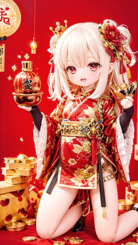  gold Theme,Human Girls,little girl(1.3),aged down,beautiful detailed girl,narrow waist,small breasts,Glowing skin,gold ingot,ruby Droplet shaped Earrings,crown,Delicate cute face,hanfu,chineseclothes,fine fabric emphasis,ornate clothes,gold Eyes,beautiful detailed eyes,Glowing eyes,((half-closed eyes)),((gold hair)),very long hair,long hair,glowing hair,Extremely delicate longhair,gold hair ornament,gold Heart Necklace,bare legs,Thin leg,Golden shoes,gold legwear garter,bare arms,Slender fingers,steepled fingers,Shiny nails,mischievous smile(expression),kneeling,wariza,hand up,finger to eye,open mouth,tongue out,fangs out,long fang,beautiful detailed mouth,gold(ornament),garden, fountain,hyper realistic,magic,8k,incredible quality,best quality,masterpiece,highly detailed,extremely detailed CG,cinematic lighting, dafengcaishen, full body, lots of gold coins falling, ownhandstogether,Chinese New Year, festive atmosphere, 3D modeling and rendering, high definition, detail enhancement,facai