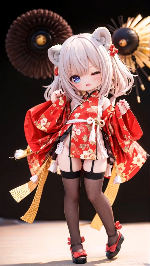 (Lion dance,(\shi shi ru yi\),4349,4349,4349:1),KannaKamui,dragon girl,Little girl(1.6),chibi,beautiful detailed girl,narrow waist,very small breasts,Glowing skin,dragon horns,Delicate cute face,dragon tail,chinese clothes,fine fabric emphasis,ornate clothes,blue eyes,beautiful detailed eyes,Glowing eyes,(one eye closed),((silver purple gradient hair)),((twintails,long hair )),glowing long hair,Extremely delicate hair,Thin leg,white legwear garter,beautiful Delicate hands,Slender fingers,steepled fingers,Shiny nails,(standing),mischievous smile(expression),open mouth,tongue out,fangs out,beautiful detailed mouth,looking at viewer,bow(ornament),festival, happy holidays,chinese new year,firework background,hyper realistic,magic,8k,incredible quality,best quality,masterpiece,highly detailed,extremely detailed CG,cinematic lighting,backlighting,full body,high definition,detail enhancement,(perfect hands, perfect anatomy),detail enhancement, twintails