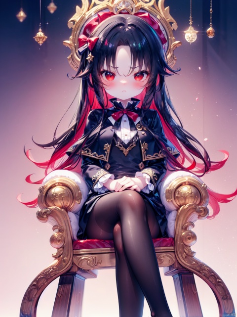  yashajin ai,1girl,petite child(1.5),aged down,chibi,extremely delicate and beautiful girls,narrow waist,Delicate cute face,blush sticker,blush,red big bow,black dress,ornate clothes,red eyes,beautiful detailed eyes,Glowing eyes,((half-closed eyes,tsurime)),((Black red gradient hair)),((hair spread out,red hair bow)),very long hair,floating hair,Extremely delicate hair,Thin leg,black pantyhose,Fine fingers,steepled nail,(beautiful detailed hands),((sitting on throne,ornate throne,crossed legs)),disdain(expression),jitome,raised eyebrow,scowl,v-shaped eyebrows,clenched teeth,looking down at viewer,puffy cheeks,beautiful detailed mouth,falling gold coin(ornament),lots of money falling,gold coin pile,hyper realistic,magic,4k,incredible quality,best quality,masterpiece,highly detailed,extremely detailed CG,cinematic lighting,light particle,backlighting,full body,high definition,detail enhancement,(perfect hands, perfect anatomy),8k_wallpaper,extreme details,colorful