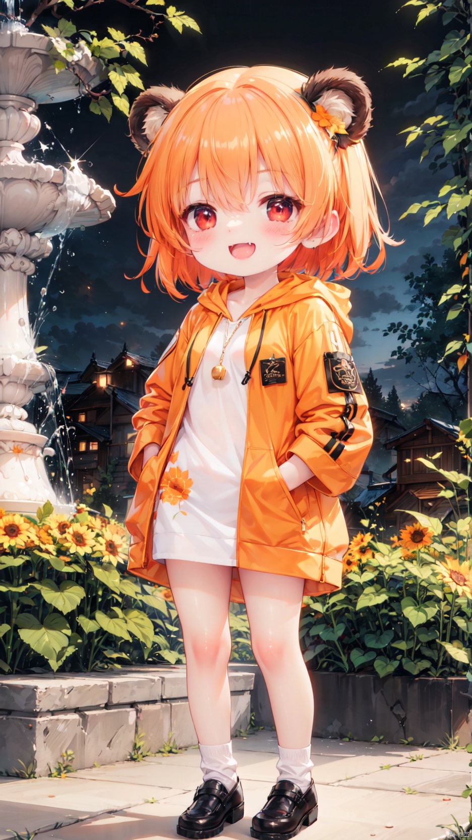  hoshino hinata,Little girl(1.4),aged down,beautiful detailed girl,narrow waist,small breasts,Glowing skin,Delicate cute face,hood,bear hood,hood up,fine fabric emphasis,ornate clothes,red eyes,beautiful detailed eyes,Glowing eyes,((half-closed eyes)),((orange hair)),short hair,glowing hair,Extremely delicate hair,Thin leg,bobby socks,Slender fingers,steepled fingers,Shiny nails,mischievous smile(expression),hands in pockets,:3,open mouth,tongue out,fangs out,long fang,beautiful detailed mouth,sunflower print(ornament),garden,fountain,hyper realistic,magic,4k,incredible quality,best quality,masterpiece,highly detailed,extremely detailed CG,cinematic lighting,light particle,backlighting,full body,high definition,detail enhancement,(perfect hands, perfect anatomy),8k_wallpaper,extreme details,colorful