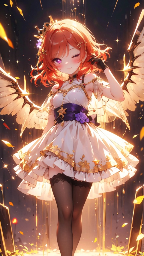 nishikino maki,love live!,1girl,petite child(1.5),aged down,chibi,extremely delicate and beautiful girls,narrow waist,Glowing skin,princess crown,Delicate cute face,blush sticker,blush,gothic lolita dress,glowing wings,transparent wings,ornate clothes,fine fabric emphasis,((purple eyes)),beautiful detailed eyes,Glowing eyes,((heart-shaped pupils,one eye closed),((red hair)),((wavy hair,Star shaped hair clip)),hair over shoulder,Extremely delicate hair,Thin leg,red ande 
 white striped_legwear,beautiful detailed fingers,lace gloves,(beautiful detailed hands),standing,((arm up,blowing kiss)),mischievous smile(expression),looking down at viewer,open mouth,Raising the corners of the mouth,beautiful detailed mouth,looking at viewer,star(ornament),stage,stage lights,lasers,shiny rod,hyper realistic,magic,8k,incredible quality,best quality,masterpiece,highly detailed,extremely detailed CG,cinematic lighting,backlighting,full body,high definition,detail enhancement,(perfect hands, perfect anatomy),8k_wallpaper,extreme details,colorful,