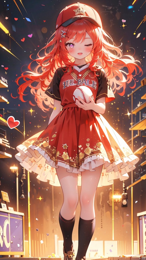  nishikino maki,love live!,1girl,petite child(1.5),aged down,chibi,extremely delicate and beautiful girls,narrow waist,Glowing skin,Delicate cute face,blush sticker,blush,red baseball cap,red baseball uniform,red short dress,ornate clothes,fine fabric emphasis,((purple eyes)),beautiful detailed eyes,Glowing eyes,((heart-shaped pupils,one eye closed,tsurime)),((red hair)),((wavy hair,Star shaped hair clip)),hair over shoulder,Extremely delicate hair,Thin leg,short socks,beautiful detailed fingers,baseball mitt,(beautiful detailed hands),((Holding a baseball,Throwing Baseball)),mischievous smile(expression),looking down at viewer,open mouth,Raising the corners of the mouth,beautiful detailed mouth,looking at viewer,star(ornament),stage,stage lights,lasers,shiny rod,hyper realistic,magic,8k,incredible quality,best quality,masterpiece,highly detailed,extremely detailed CG,cinematic lighting,backlighting,full body,high definition,detail enhancement,(perfect hands, perfect anatomy),8k_wallpaper,extreme details,colorful,