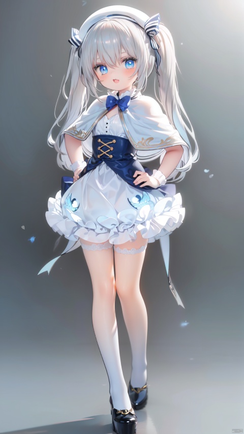 (4349,4349,4349:1),celia claire,loli,beautiful detailed girl,white capelet,beret,bow bowtie,ornate clothes,narrow waist,very small breasts,Glowing skin,Delicate cute face,blue eyes eyes,beautiful detailed eyes,glowing eyes,((Silver blue gradient hair)),((long hair,twintails)),hair bow,Glowing hair,Extremely delicate hair,Thin leg,white legwear garter,((beautiful detailed hands)),Slender fingers,smug(expression),standing,hands on hips,:3,open mouth,tongue out,fangs out,long fang,beautiful detailed mouth,aquamarine(ornament),colosseum,Marble Pillar,hyper realistic,magic,8k,incredible quality,best quality,masterpiece,highly detailed,extremely detailed CG,cinematic lighting,full body,lots of gold coins falling,high definition,detail enhancement
