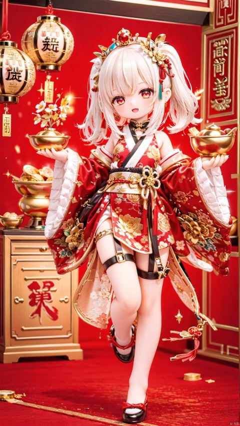  gold Theme,Human Girls,little girl(1.3),aged down,beautiful detailed girl,narrow waist,small breasts,Glowing skin,gold ingot,ruby Droplet shaped Earrings,crown,Delicate cute face,hanfu,chineseclothes,fine fabric emphasis,ornate clothes,gold Eyes,beautiful detailed eyes,Glowing eyes,((half-closed eyes)),((gold hair)),very long hair,long hair,glowing hair,Extremely delicate longhair,gold hair ornament,gold Heart Necklace,bare legs,Thin leg,Golden shoes,gold legwear garter,bare arms,Slender fingers,steepled fingers,Shiny nails,mischievous smile(expression),hand up,finger to eye,open mouth,tongue out,fangs out,long fang,beautiful detailed mouth,gold(ornament),garden, fountain,hyper realistic,magic,8k,incredible quality,best quality,masterpiece,highly detailed,extremely detailed CG,cinematic lighting, dafengcaishen, full body, lots of gold coins falling, ownhandstogether,Chinese New Year, festive atmosphere, 3D modeling and rendering, high definition, detail enhancement,facai