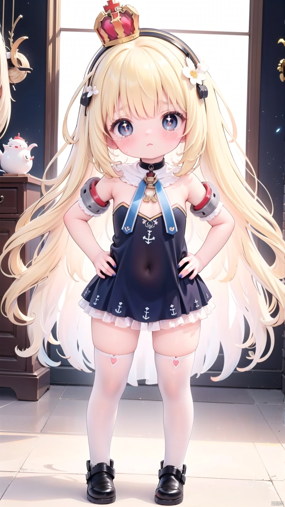 queen elizabeth (azur lane),Little girl(1.5),aged down,beautiful detailed girl,narrow waist,Delicate cute face,anchor choker,(anchor print naval uniform),blue princess dressshoulders,ornate clothes,fine fabric emphasis,torn dress,broken skirt,torn clothes,broken clothes,blue eyes,beautiful detailed eyes,Glowing eyes,((heart-shaped pupils)),((blonde hair)),((hair spread out,wavy hair)),very long shoulder,glowing hair,Extremely delicate hair,Thin leg,white legwear garter,black footwear,Slender fingers,steepled fingers,shiny nails,((hands on hips)),tearful(expression),teardrop on the face,Tears on the chin,Pouting,puffy cheeks,beautiful detailed mouth,anchor (ornament),warship,harbor,royal navy (emblem),royal navy flag,hyper realistic,magic,4k,incredible quality,best quality,masterpiece,highly detailed,extremely detailed CG,cinematic lighting,light particle,backlighting,full body,high definition,detail enhancement,(perfect hands, perfect anatomy),8k_wallpaper,extreme details,colorful