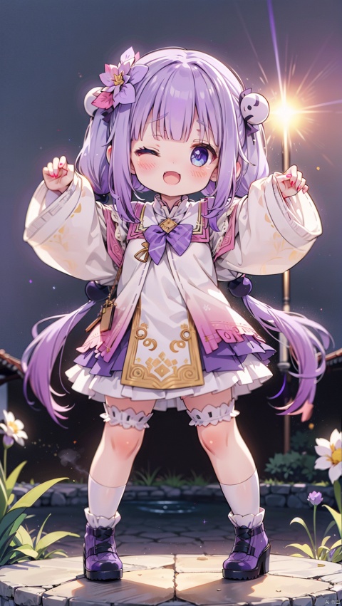  (4349,4349,4349:1),Kanna Kamui,dragon girl,Little girl(1.6),beautiful detailed girl,narrow waist,small breasts,Glowing skin,steaming body,Delicate cute face,dragon tail,school uniform,fine fabric emphasis,ornate clothes,blue eyes,beautiful detailed eyes,Glowing eyes,(one eye closed),((silver purple gradient hair)),((twintails,long hair )),glowing long hair,Extremely delicate hair,Thin leg,white legwear garter,beautiful detailed fingers,Slender fingers,steepled fingers,Shiny nails,(standing on one leg,hands up,art shift,hands next face,v arms,v),mischievous smile(expression),open mouth,tongue out,fangs out,beautiful detailed mouth,looking at viewer,bow(ornament),garden, fountain,hyper realistic,magic,8k,incredible quality,best quality,masterpiece,highly detailed,extremely detailed CG,cinematic lighting,backlighting,full body,high definition,detail enhancement,(perfect hands, perfect anatomy),detail enhancement