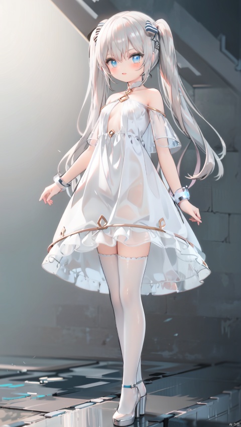 CELIA CLAIRE,loli,beautiful detailed girl,greek clothes,long dress,white underwear,white capelet,opaque clothes,laurel crown,bracelet,fine fabric emphasis,ornate clothes,narrow waist,very small breasts,Delicate cute face,blue eyes eyes,beautiful detailed eyes,glowing eyes,((Silver blue gradient hair)),((long hair,twintails)),hair bow,Glowing hair,Extremely delicate hair,Thin leg,white thighhighs,((beautiful detailed hands)),Slender fingers,pink nails,mischievous smile(expression),beautiful detailed mouth,aquamarine(ornament),garden,pool,hyper realistic,magic,8k,incredible quality,best quality,masterpiece,highly detailed,extremely detailed CG,cinematic lighting,backlighting,full body,high definition,detail enhancement,(perfect hands, perfect anatomy),detail enhancement,