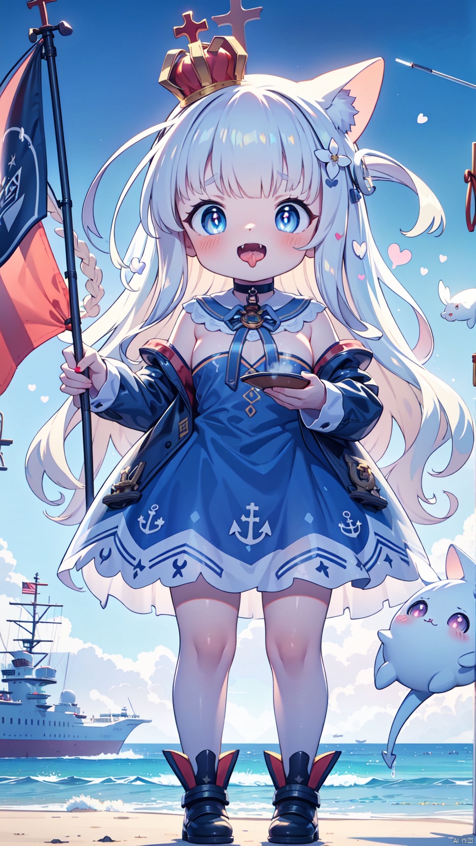  queen elizabeth (azur lane),Little girl(1.5),aged down,beautiful detailed girl,Glowing skin,steaming body,narrow waist,(very small breasts),Delicate cute face,princess crown,small crown,anchor choker,pubic tattoo,(anchor print naval uniform),ornate clothes,fine fabric emphasis,blue eyes,beautiful detailed eyes,Glowing eyes,((heart-shaped pupils)),((blonde hair)),((hair spread out,wavy hair)),very long shoulder,glowing hair,Extremely delicate hair,Thin leg,white legwear garter,black footwear,Slender fingers,steepled fingers,shiny nails,((standing,holding a flag,english flag)),ahegao(expression),smile,open mouth,tongue out,licking lips,drooling,heavy breathing,fangs out,big fangs,puffy cheeks,beautiful detailed mouth,looking at viewer,semen(ornament),warship,harbor,royal navy (emblem),hyper realistic,magic,4k,incredible quality,best quality,masterpiece,highly detailed,extremely detailed CG,cinematic lighting,light particle,backlighting,full body,high definition,detail enhancement,(perfect hands, perfect anatomy),8k_wallpaper,extreme details,colorful, shuiwa, loli, backlight, mirrornun, pop style, Anime