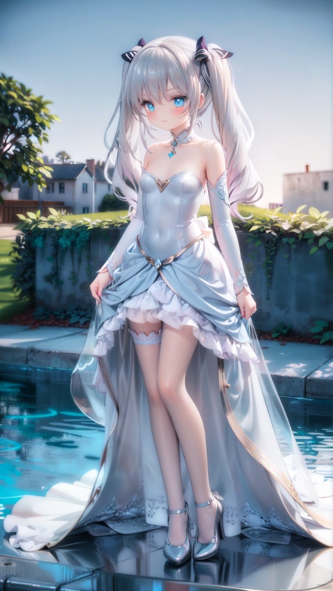  CELIA CLAIRE,bridal,beautiful detailed girl,wedding dress,bridal veil,bridal gauntlets,fine fabric emphasis,ornate clothes,narrow waist,very small breasts,Glowing skin,Delicate cute face,blue eyes eyes,beautiful detailed eyes,glowing eyes,((Silver blue gradient hair)),((long hair,twintails)),hair bow,Glowing hair,Extremely delicate hair,Thin leg,bridal garter,((beautiful detailed hands)),Slender fingers,pink nails,hand on chest,holding bridal bouquet,mischievous smile(expression),beautiful detailed mouth,aquamarine(ornament),garden,pool,hyper realistic,magic,8k,incredible quality,best quality,masterpiece,highly detailed,extremely detailed CG,cinematic lighting,backlighting,full body,high definition,detail enhancement,(perfect hands, perfect anatomy),detail enhancement,
