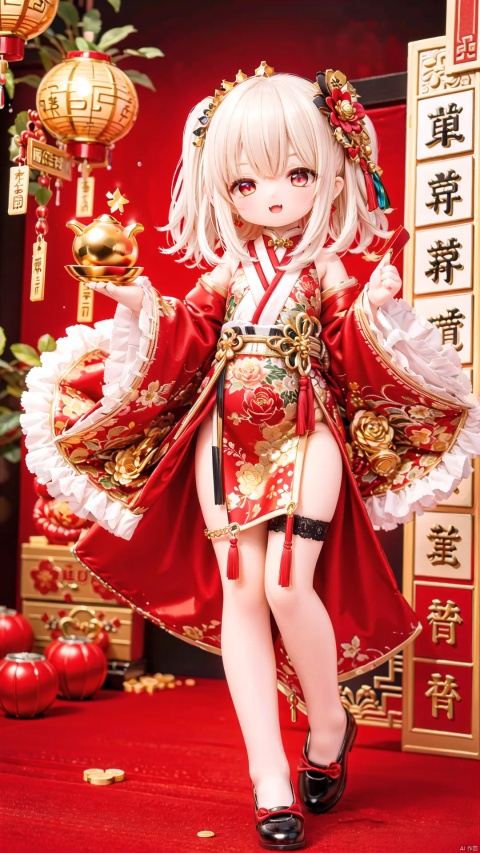 gold Theme,Human Girls,little girl(1.3),aged down,beautiful detailed girl,narrow waist,small breasts,Glowing skin,gold ingot,ruby Droplet shaped Earrings,crown,Delicate cute face,hanfu,chineseclothes,fine fabric emphasis,ornate clothes,gold Eyes,beautiful detailed eyes,Glowing eyes,((half-closed eyes)),((gold hair)),very long hair,long hair,glowing hair,Extremely delicate longhair,gold hair ornament,gold Heart Necklace,bare legs,Thin leg,Golden shoes,gold legwear garter,bare arms,Slender fingers,steepled fingers,Shiny nails,mischievous smile(expression),hand up,finger to eye,open mouth,tongue out,fangs out,long fang,beautiful detailed mouth,gold(ornament),garden, fountain,hyper realistic,magic,8k,incredible quality,best quality,masterpiece,highly detailed,extremely detailed CG,cinematic lighting, dafengcaishen, full body, lots of gold coins falling, ownhandstogether,Chinese New Year, festive atmosphere, 3D modeling and rendering, high definition, detail enhancement,facai