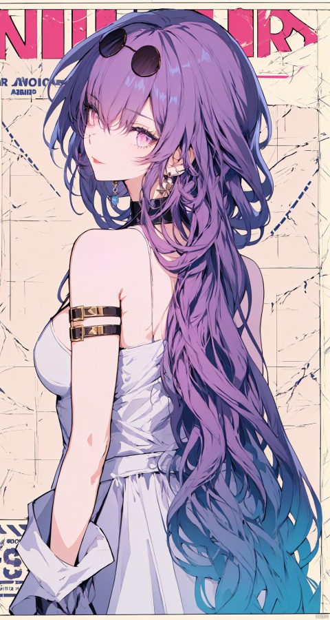  Colorful background, 1girl, long hair, solo, jewelry, looking at viewer, earrings, upper body, red choker, bangs, choker, bare shoulders, closed mouth, hair intakes, dress, wavy hair, sleeveless, necklace, letterboxed, looking back, head tilt, msaibo, evil, mjiaocha,1girl, official, purple eyes,