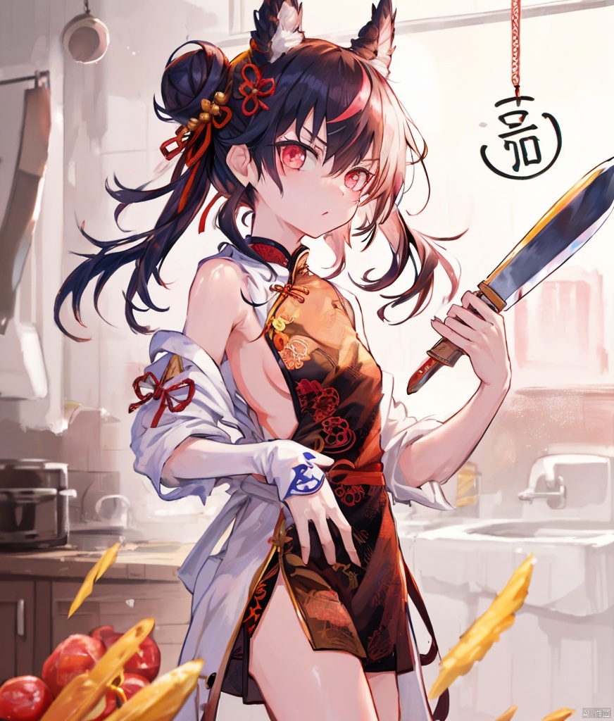 multicolored_hair,hair_bun,qipao,side_slit,side_boob,ozaki,thin,small_breasts,loli,serious,kitchen knife,