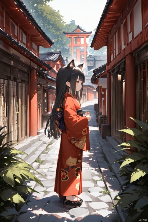  (ultra detailed, High quality, best quality),1girl,loli, solo, long hair, nai3, blunt bangs,black hair,cat ears,kimono,red kimino,outdoors,japanese building,plants,full_body,standing,from side,torii_gate,stone stairs