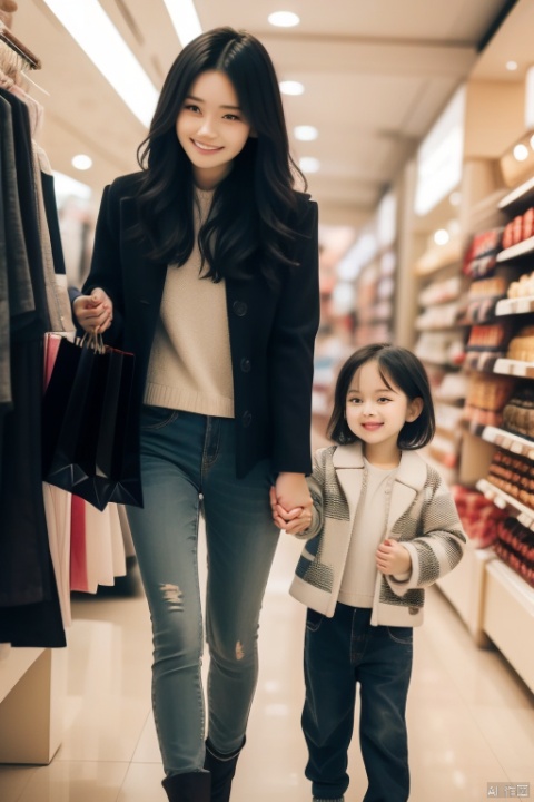 (mother and child), holding hands, eye to eye, smiling, shopping,