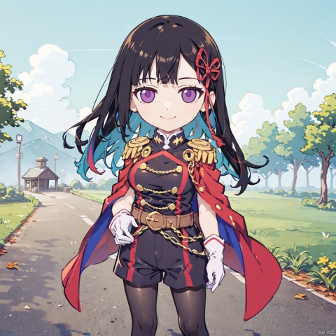 masterpiece, best quality, ,1girl, solo, pantyhose, black hair, gloves, long hair, white gloves, outdoors, uniform, purple eyes, shorts, cowboy shot, hair ornament, military, bangs, belt, military uniform, cape, epaulettes, long sleeves, breasts, blunt bangs, smile, closed mouth, jacket, standing, black pantyhose, buttons, red cape, multicolored hair, hair ribbon, brown pantyhose, ribbon, large breasts, aiguillette, double-breasted
, 1girl, chibi