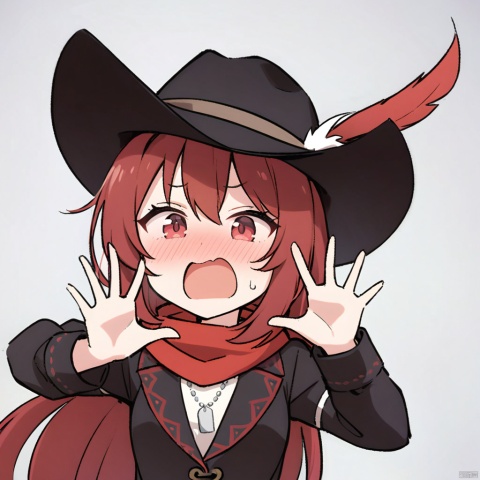 1girl, solo,red hair, black hat, Cowboy hat, hat feather,red scarf, black jacket, dog_tags,, ,white_background,simple_background, meme, solo, upper_body, passionate_expression, eager_to_convince, open_mouth, persuasive, animated_gestures, spreading_ideas, enthusiastic, zealous, preaching, missionary_zeal, trying_to_convert, sharing_opinions, animated_discussion, fervent_tone, hand_gestures, palms_open, inviting, inclusive, welcoming, open_armed, excited_to_share, belief_propagation, belief_in_eyes, conviction, no_hand_on_hip, meme_potential, relatable, hat