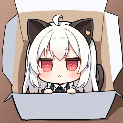  1girl, loli,solo,white hair,long hair,bangs,red eyes,maid,cat ears,
fumo,
 :<, ahoge, in_container, in_box, tail, solo, chibi, box, looking_at_viewer, virtual_youtuber, frown,