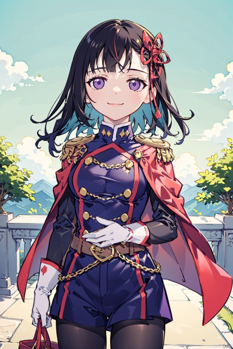 masterpiece, best quality, ,1girl, solo, pantyhose, black hair, gloves, long hair, white gloves, outdoors, uniform, purple eyes, shorts, cowboy shot, hair ornament, military, bangs, belt, military uniform, cape, epaulettes, long sleeves, breasts, blunt bangs, smile, closed mouth, jacket, standing, black pantyhose, buttons, red cape, multicolored hair, hair ribbon, brown pantyhose, ribbon, large breasts, aiguillette, double-breasted
, 1girl, chibi