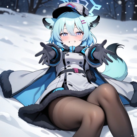 masterpiece, best quality,

shigure \(blue archive\), 1girl, animal ears, halo, solo, tail, smile, fur trim, gloves, blush, hairclip, hat, looking at viewer, grey gloves, reaching towards viewer, weasel ears, reaching, grin, weasel tail, lying, purple eyes, snow, long sleeves, hair ornament, snowing, blue halo, hair between eyes, flask, on back, green hair, jacket, outstretched arms, pantyhose, short hair, coat, pouch, grey headwear, white gloves, blue eyes, fur-trimmed coat, feet out of frame, blue hair ,