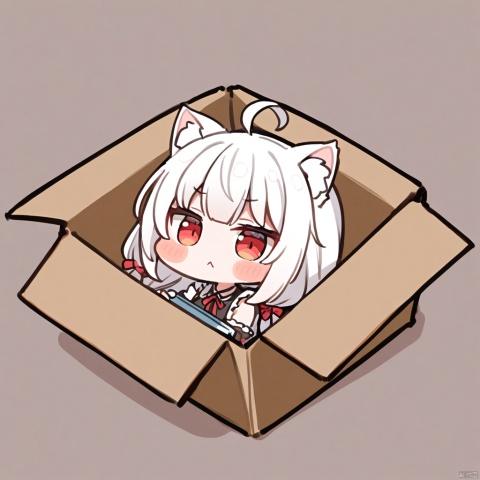  1girl, loli,solo,white hair,long hair,bangs,red eyes,maid,cat ears,

:<, ahoge, in_container, in_box, tail, solo, chibi, box, looking_at_viewer, virtual_youtuber, frown,