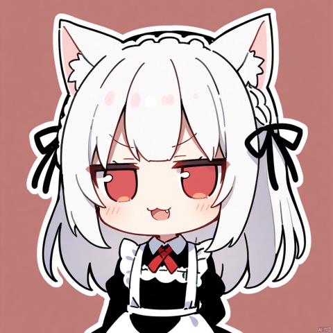  1girl, loli,solo,white hair,long hair,bangs,red eyes,maid,cat ears,
fumo,
fang, open_mouth, chibi, cross_tie, smile, simple background, v-shaped_eyebrows, upper_body, half-closed_eyes, smug, looking_at_viewer, outline, :3, white_outline,
