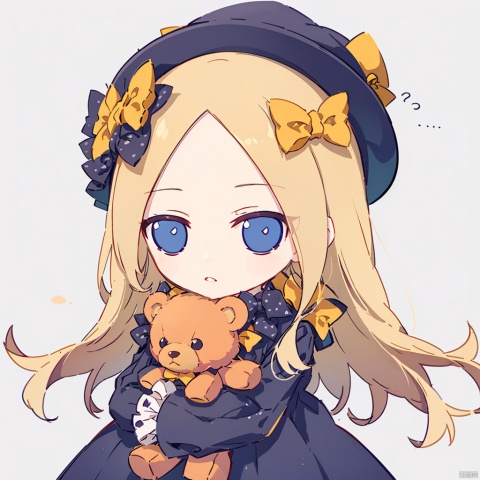  masterpiece, best quality, ,1girl, solo, long hair, abigail williams (fate), butterfly, teddy bear, stuffed animal, blonde hair, blue eyes, orange bow, bow, hat, sleeves past wrists, very long hair, polka dot bow, black bow, black dress, hair bow, polka dot, long sleeves, sleeves past fingers, looking at viewer, object hug, white bloomers, underwear, parted lips, forehead, grey background, blush, holding stuffed toy, closed mouth, cowboy shot, chibi