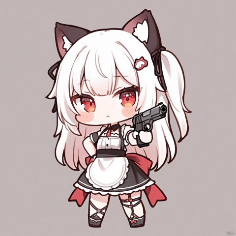  1girl, loli,solo,white hair,long hair,bangs,red eyes,maid,cat ears,

 weapon, gun, holding_weapon, aiming, holding_gun, aiming_at_viewer, holding, , handgun, chibi, virtual_youtuber, simple_background,