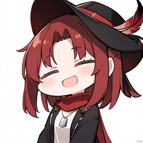  1girl, solo,red hair, black hat, hat feather, red scarf, black jacket, dog_tags,

open_mouth, xd, simple_background, upper_body, smile, white_background, closed_eyes, chibi, :d, open_clothes, 